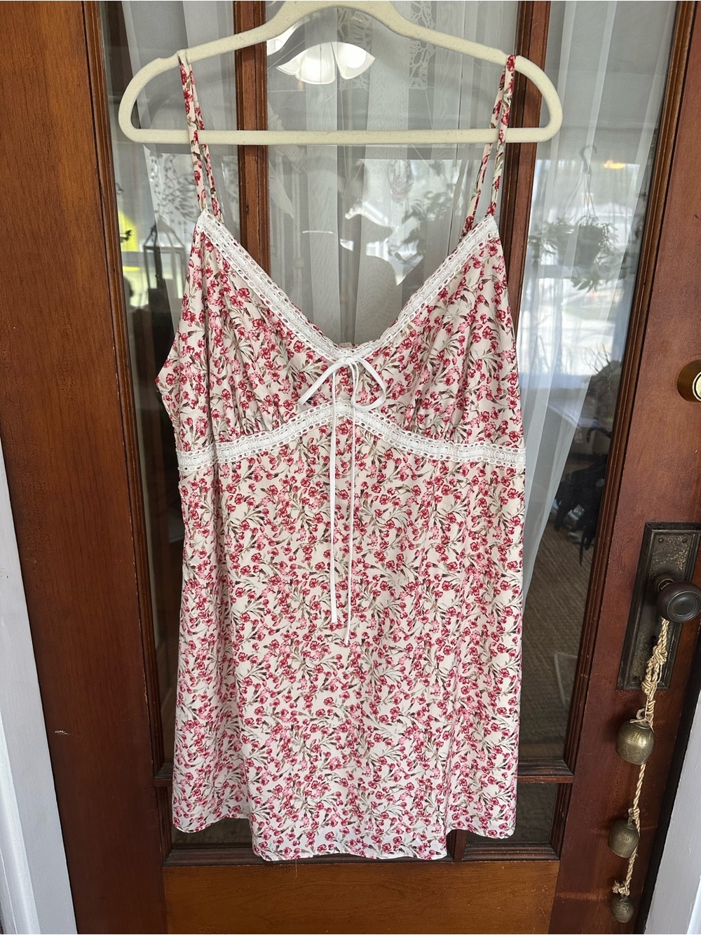Forever 21 White Spaghetti Strap Dress Pink Floral Print and Lace Trim